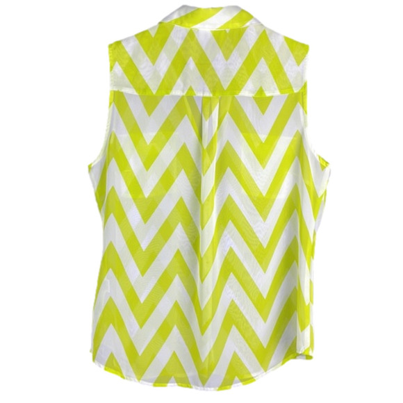 NEW York & Company Lime Green and White Chevron Pattern Sleeveless Sheer Blouse - Picture 2 of 8
